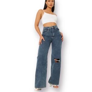 Boohoo Distressed Knee Dad Jean Wide Leg High Rise Sz 6
